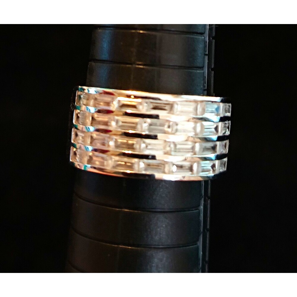 925 sterling Silver Wide Band Ring Clear Baguette Channel-Set Rows 9 statement